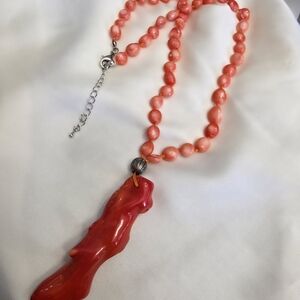 Enhanced Coral, Bamboo Coral Beads, Black Oxidized Silvertone Necklace